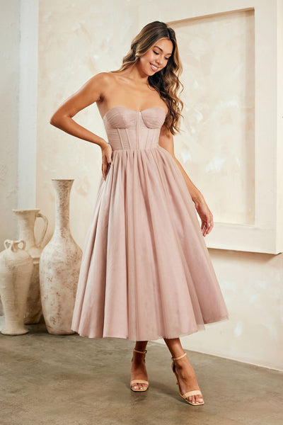 Elegant Strapless A-Line Cocktail & Party Midi Dress By Amelia Couture 6203S