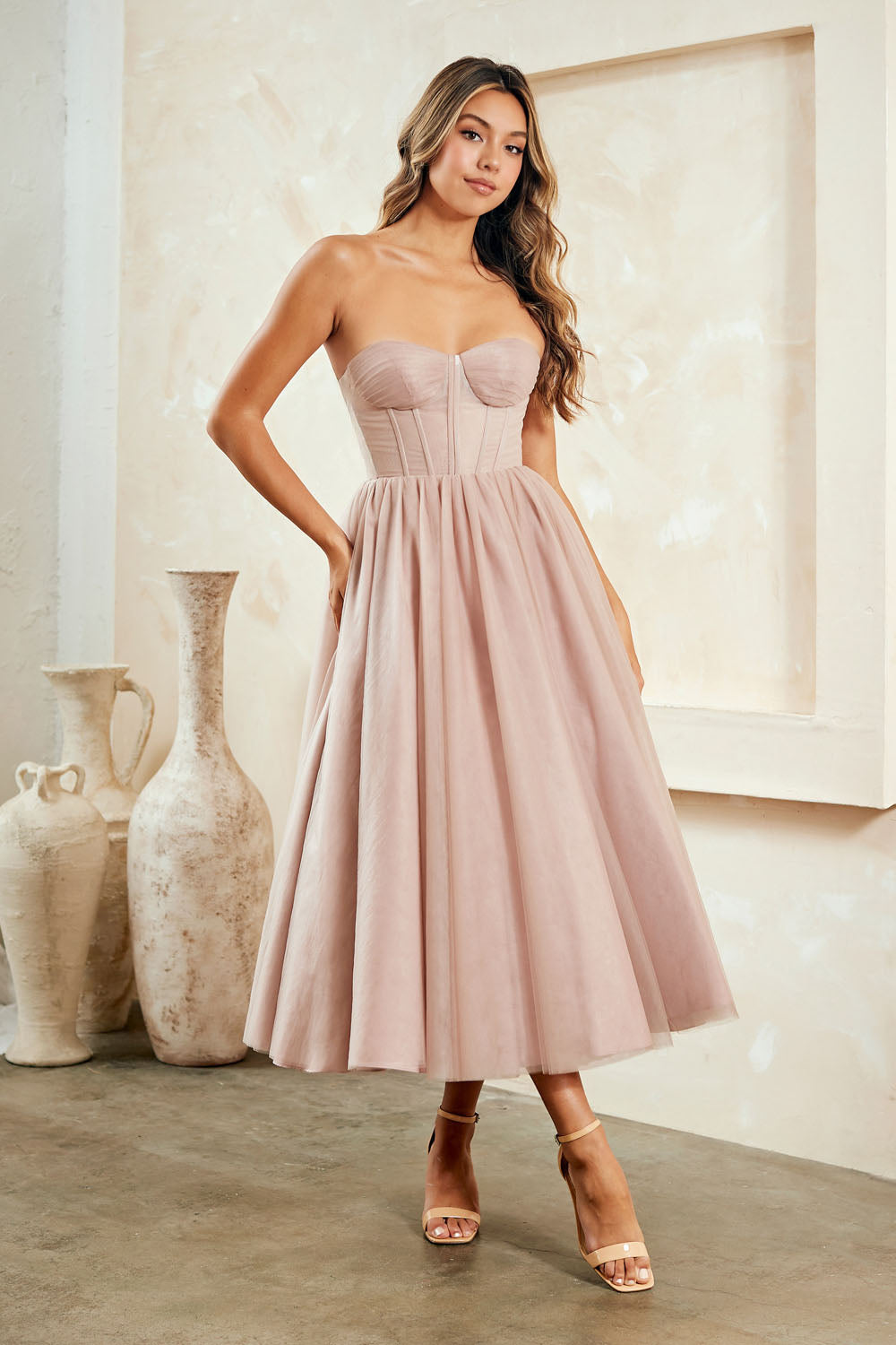 Elegant Strapless A-Line Cocktail & Party Midi Dress By Amelia Couture 6203S