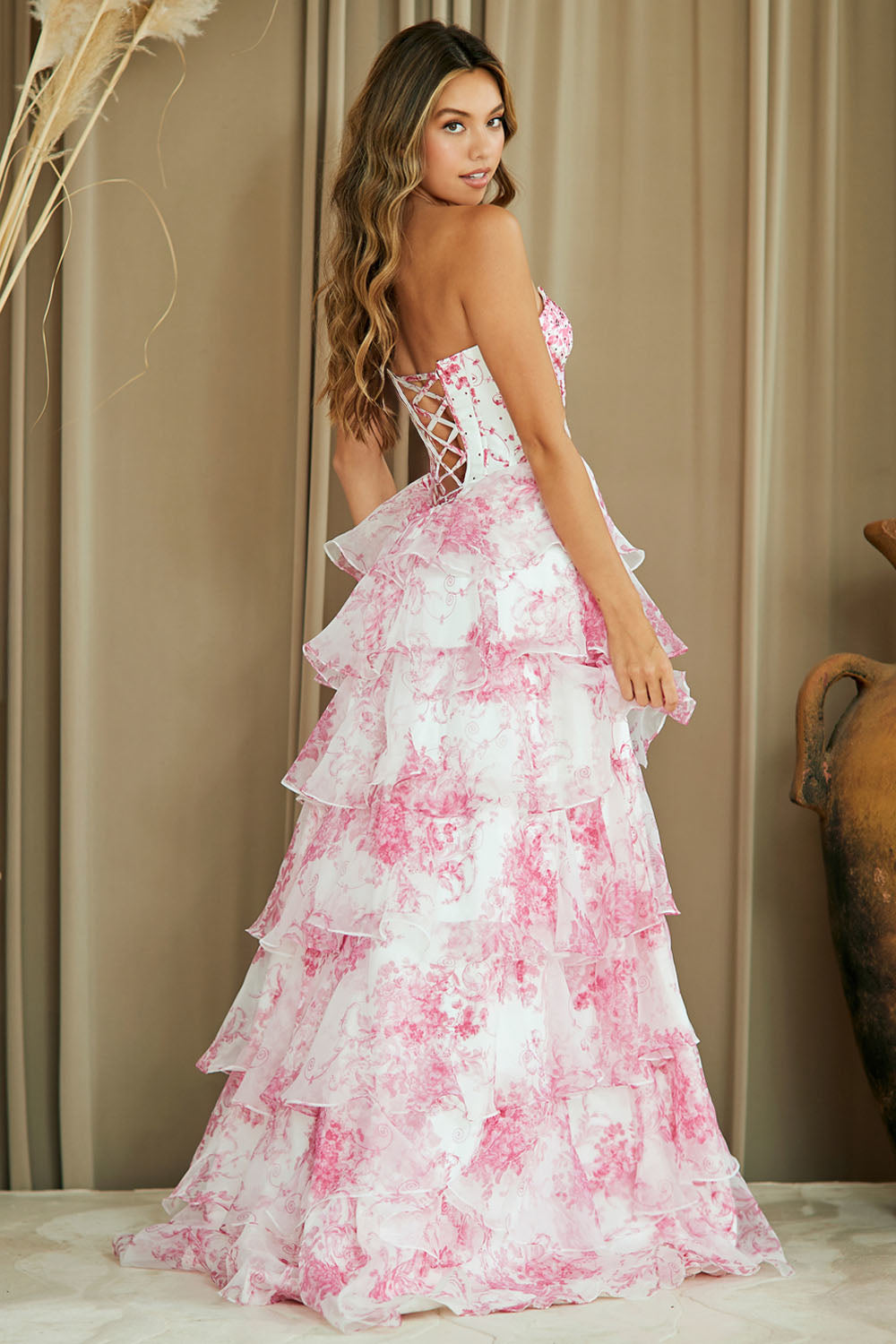 Strapless Ruffle A-line Tiered Gown with Corset Bodice and Lace-Up Back By Amelia Couture 2060