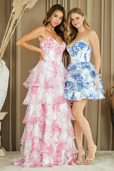 Amelia Couture BLUE Printed mesh overlay with soft inner lining A-line Dress