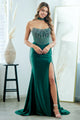 Strapless Beaded Corset Satin Gown with High Slit & Lace-Up Back By Amelia Couture 2131