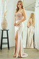 Strapless Crystal Embellished Corset Gown with Satin High Slit Skirt By Amelia Couture 5074