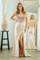 Strapless Crystal Embellished Corset Gown with Satin High Slit Skirt By Amelia Couture 5074