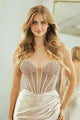 Strapless Crystal Embellished Corset Gown with Satin High Slit Skirt By Amelia Couture 5074