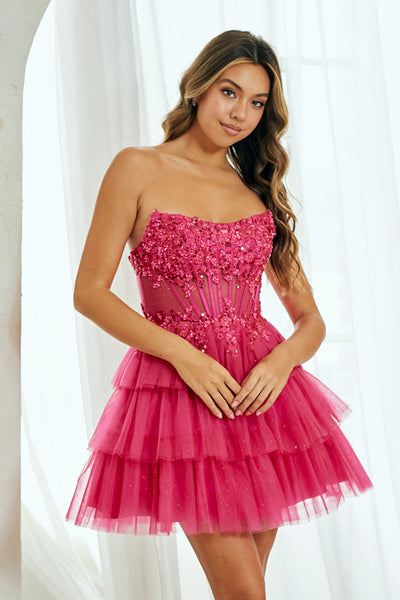 Strapless Tiered Tulle Short Cocktail Dress with Sequin Embellished Corset By Amelia Couture 9066S