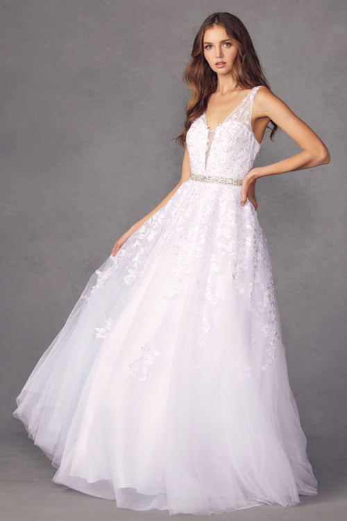 Juliet 224 Romantic V-Neck Tulle Floral Ball Dress