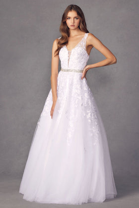 Juliet 224 Romantic V-Neck Tulle Floral Ball Dress