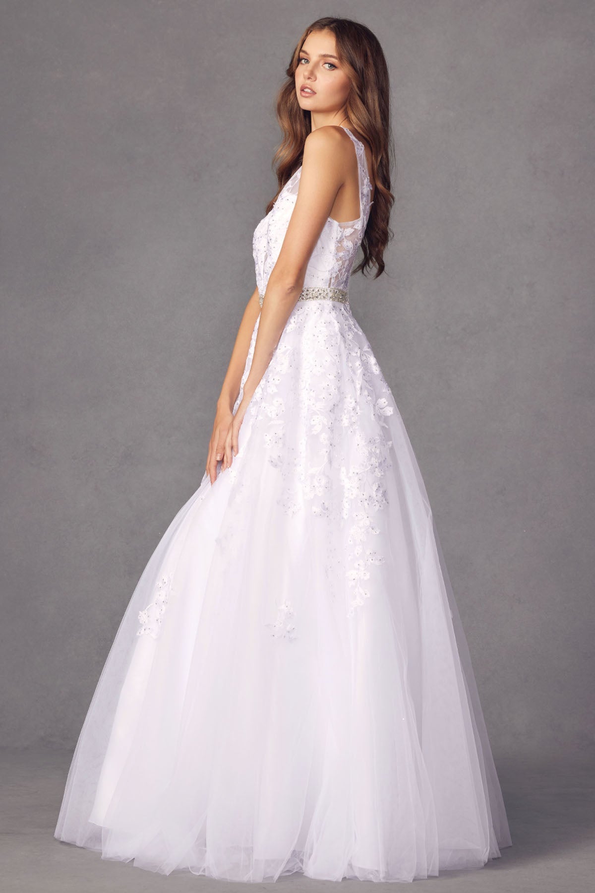 Juliet 224 Romantic V-Neck Tulle Floral Ball Dress