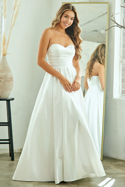 Strapless Sweetheart A-Line White Satin Wedding Dress for Modern & Classic Brides By Amelia Couture 5076