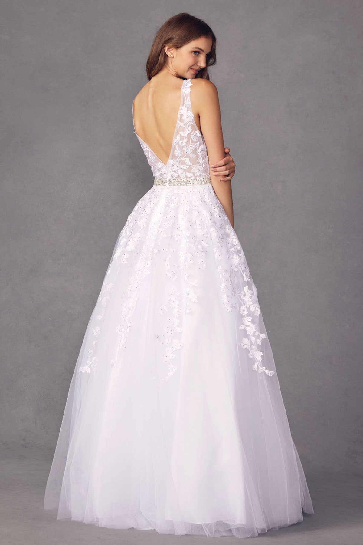 Juliet 224 Romantic V-Neck Tulle Floral Ball Dress