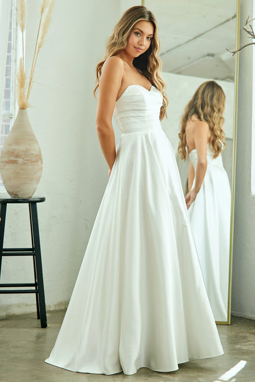Strapless Sweetheart A-Line White Satin Wedding Dress for Modern & Classic Brides By Amelia Couture 5076