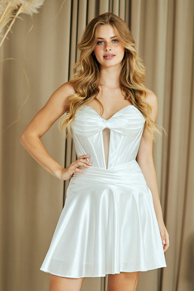 Strapless Satin Corset Mini Dress with Sweetheart Neckline & Lace-Up Back By Amelia Couture 9071S