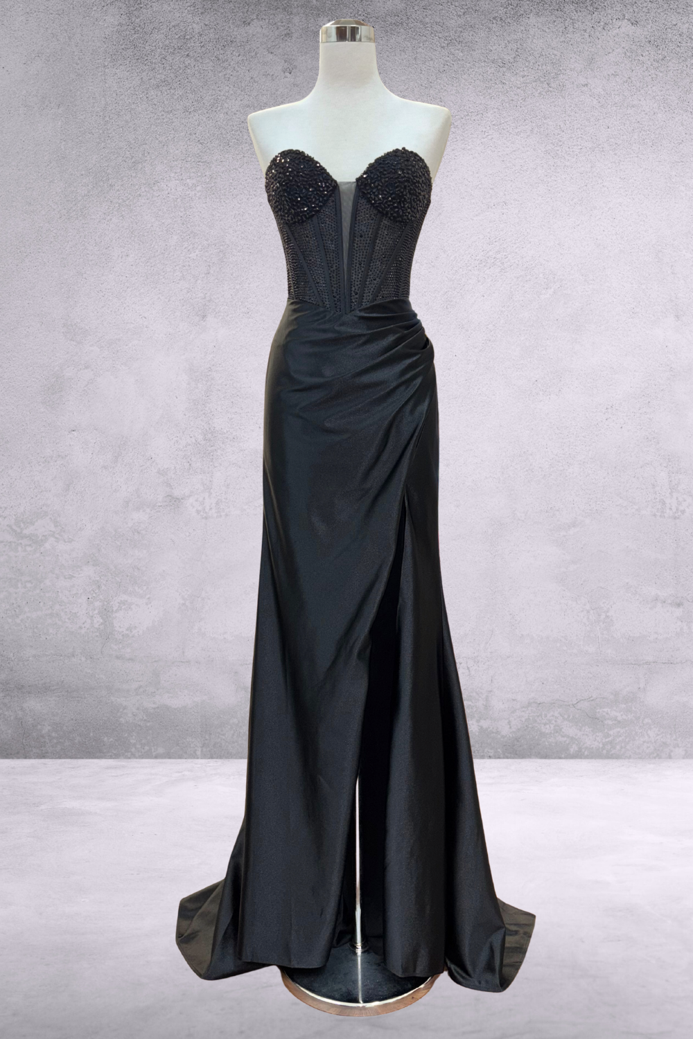Strapless Crystal Embellished Corset Gown with Satin High Slit Skirt By Amelia Couture 5074