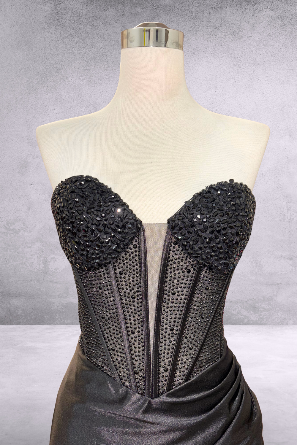 Strapless Crystal Embellished Corset Gown with Satin High Slit Skirt By Amelia Couture 5074
