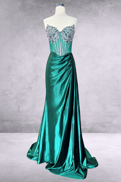 Beaded Sheath Evening Gown Sweetheart Illusion Bodice Satin Prom Dress by Amelia Couture 2128