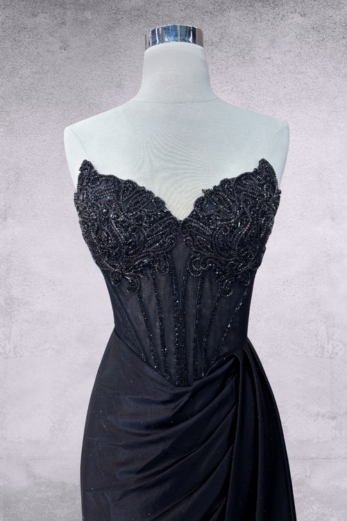 Beaded Sheath Evening Gown Sweetheart Illusion Bodice Satin Prom Dress by Amelia Couture 2128