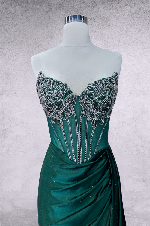 Beaded Sheath Evening Gown Sweetheart Illusion Bodice Satin Prom Dress by Amelia Couture 2128