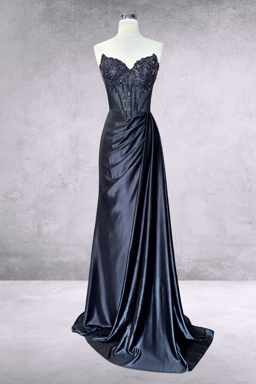 Beaded Sheath Evening Gown Sweetheart Illusion Bodice Satin Prom Dress by Amelia Couture 2128