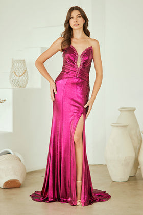 Metallic Rhinestone Plunge Neckline Fitted Prom Dress with Thigh-High Slit by Amelia Couture 9076