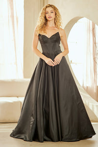 Strapless Satin Corset Bodice A-Line Prom Dress with Pockets & Lace-Up Back by Amelia Couture 5080