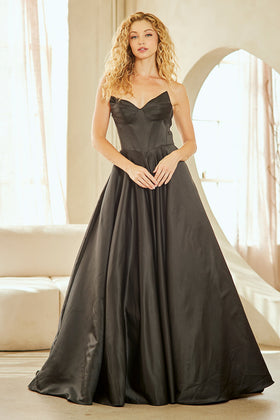 Strapless Satin Corset Bodice A-Line Prom Dress with Pockets & Lace-Up Back by Amelia Couture 5080