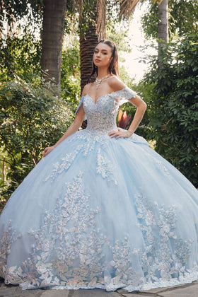 Juliet 1458J Off Shoulder Appliqued Glitter Tulle Quinceanera Ball Gown