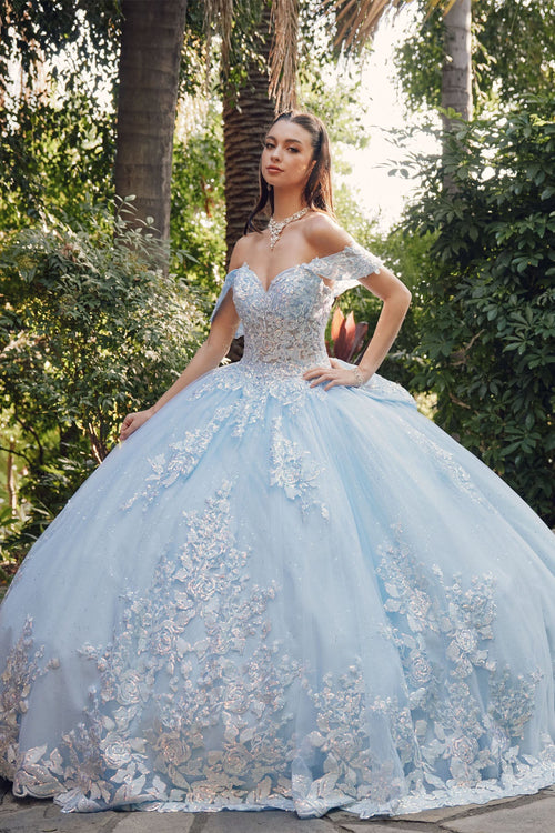 Juliet 1458J Off Shoulder Appliqued Glitter Tulle Quinceanera Ball Gown