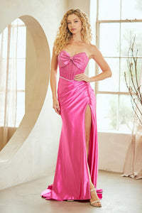 Elegant Satin Corset Prom Dress with Rhinestone Bow Bodice and High Slit by Amelia Couture CC1200