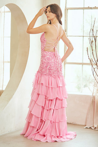 Beaded Floral Mermaid Prom Dress with Tiered Ruffle Skirt & Corset Back by Amelia Couture 7085