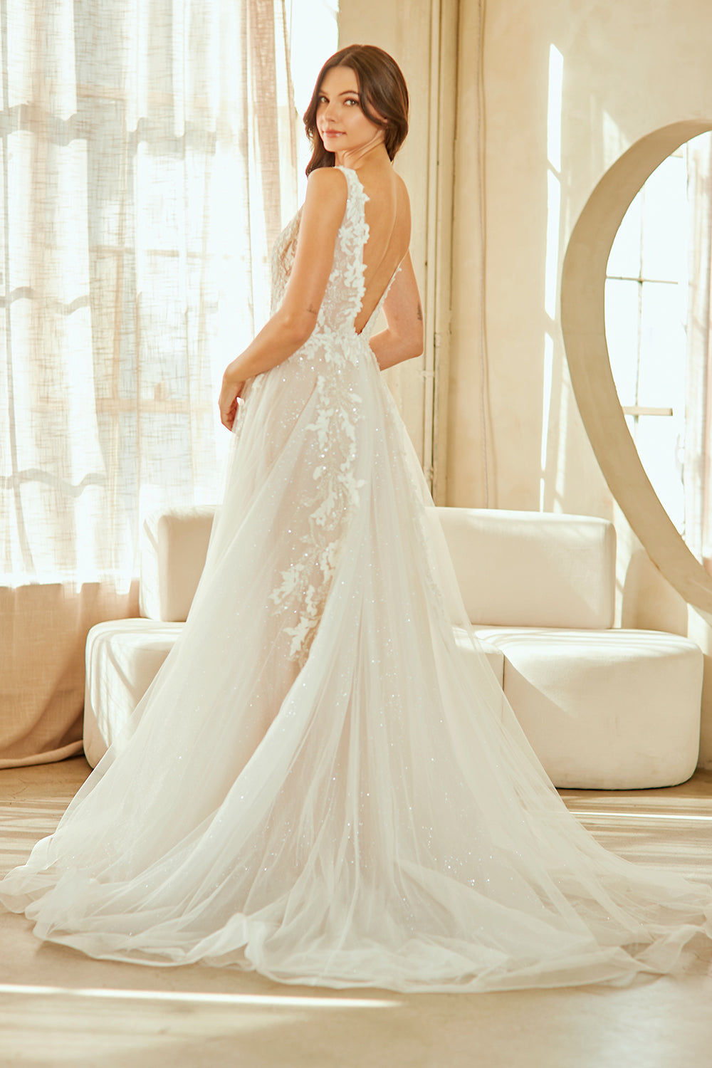 White Lace Applique A-Line Wedding Dress Plunging V-Neck Open Back with Slit by Amelia Couture 2140