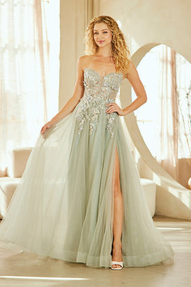Corset Bodice A-Line Prom Dress Floral Applique Sweetheart Gown with Slit by Amelia Couture 4062