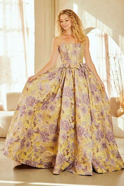 Strapless Floral Jacquard A-Line Gown with Corset Back and Bow Waist Detail by Amelia Couture 8068