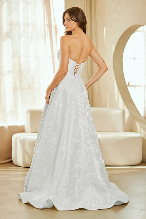 Strapless Lace A-Line Wedding Dress with Corset Back & Front Slit by Amelia Couture 8061