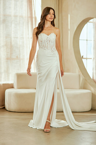 Lace Corset Wedding Dress with Sheer Boned Bodice Thigh Slit & Lace-Up Back by Amelia Couture 2076