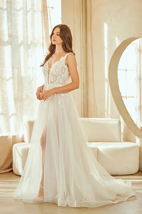 White Lace Applique A-Line Wedding Dress Plunging V-Neck Open Back with Slit by Amelia Couture 2140