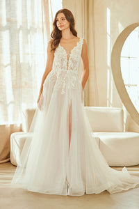White Lace Applique A-Line Wedding Dress Plunging V-Neck Open Back with Slit by Amelia Couture 2140