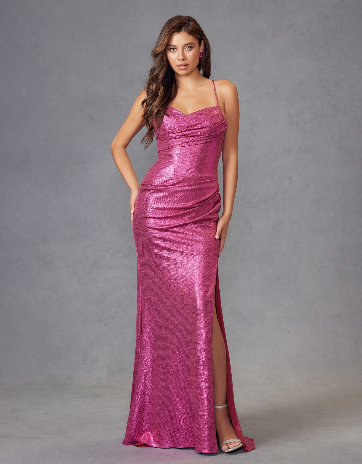 Fitted Metallic Sleeveless Slit Gown by Juliet JT2494S - Long Formal Dresses