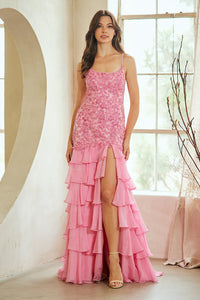 Beaded Floral Mermaid Prom Dress with Tiered Ruffle Skirt & Corset Back by Amelia Couture 7085