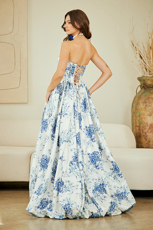Strapless Floral Corset A-Line Prom Dress with Toile Print Gown by Amelia Couture 2079