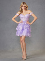 Short Off Shoulder A-line Tiered Dress by Juliet JT920K