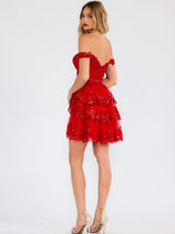 Short Off Shoulder A-line Tiered Dress by Juliet JT920K