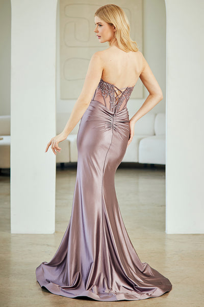 Strapless Satin Evening Gown with Beaded Lace Corset Bodice & High Slit by Amelia Couture 8059