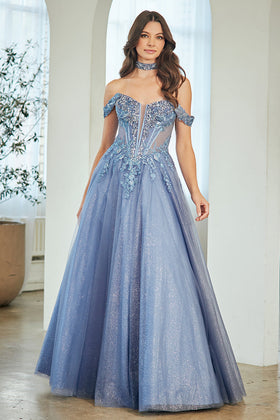 Off-Shoulder Beaded Lace Corset Bodice Sweetheart Neckline & Choker by Amelia Couture 8065