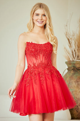 Strapless Lace Appliqué Homecoming Dress Sheer Corset Bodice Short Dress by Amelia Couture 9083S