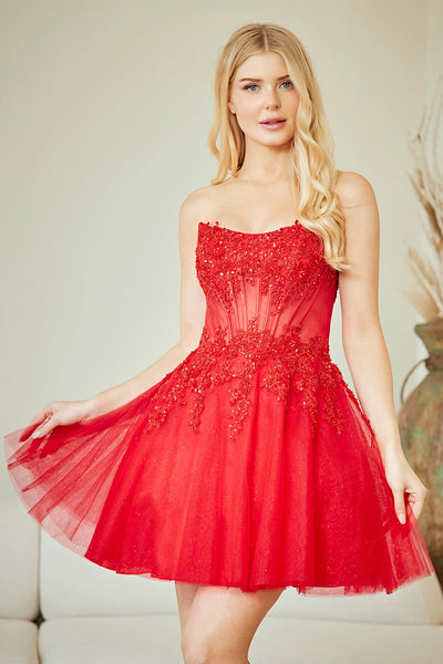 Strapless Lace Appliqué Homecoming Dress Sheer Corset Bodice Short Dress by Amelia Couture 9083S