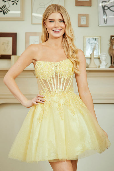 Strapless Lace Appliqué Homecoming Dress Sheer Corset Bodice Short Dress by Amelia Couture 9083S