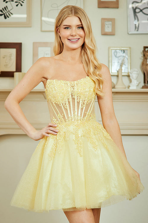 Strapless Lace Appliqué Homecoming Dress Sheer Corset Bodice Short Dress by Amelia Couture 9083S