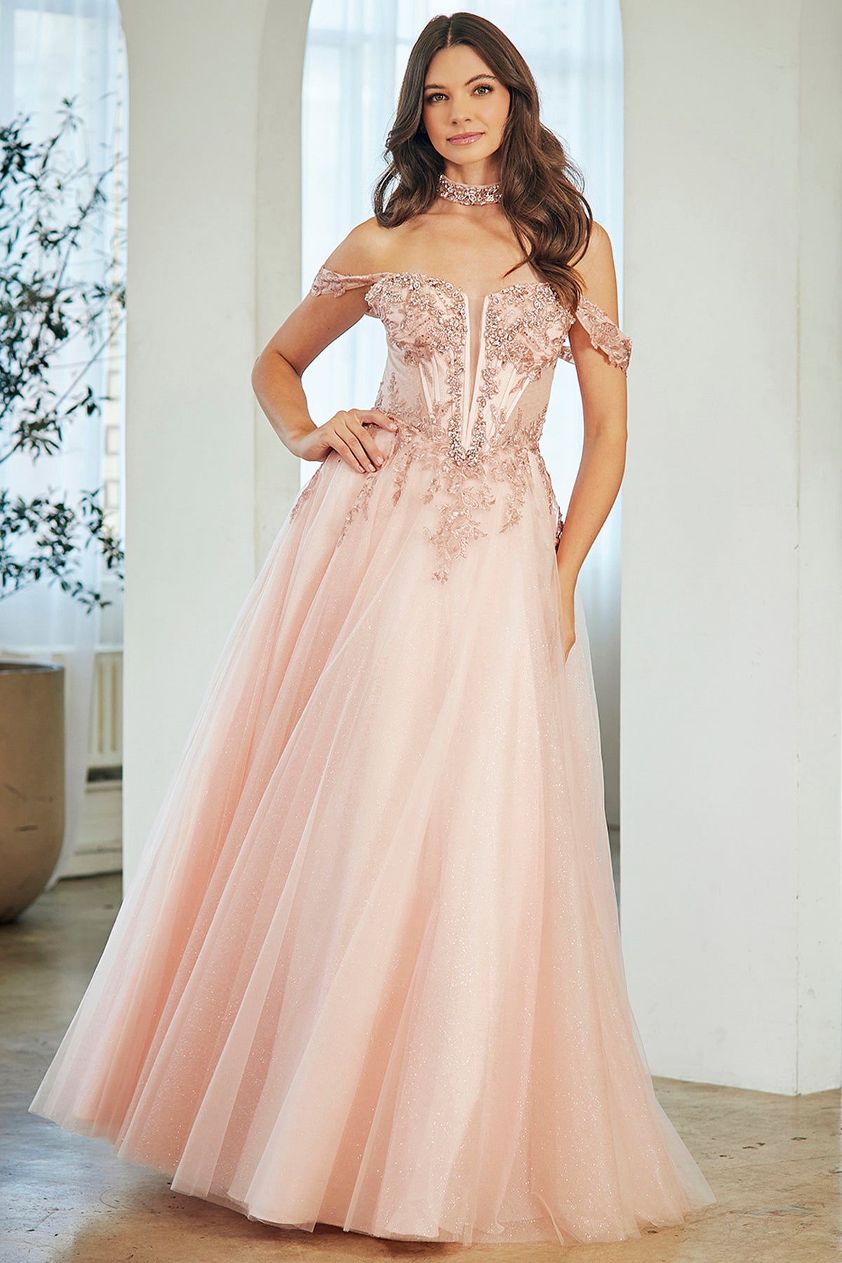 Off-Shoulder Beaded Lace Corset Bodice Sweetheart Neckline & Choker by Amelia Couture 8065