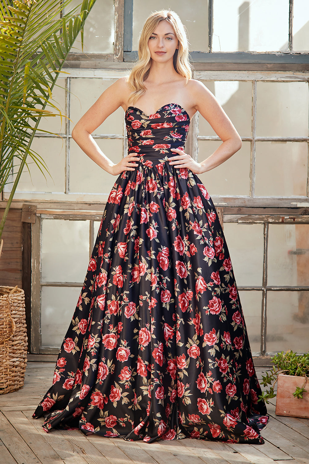 Strapless Floral Print A-Line Maxi Dress with Sweetheart Bodice Rose Gown by Amelia Couture 8070