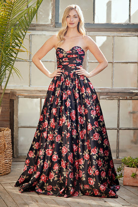 Strapless Floral Print A-Line Maxi Dress with Sweetheart Bodice Rose Gown by Amelia Couture 8070
